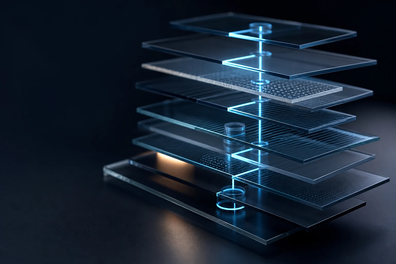 Capas de cristal conectadas por un recorrido luminoso que hace visible cada transformación.
