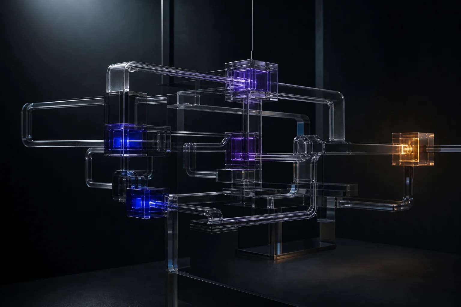 Arquitectura modular de cristal con nodos conectados y un punto de control humano.